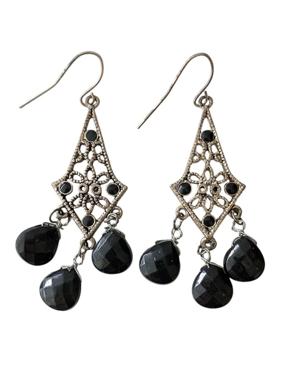 Black Teardrop Filigree Silver Dangle Earrings - Elegant Women's Jewelry
